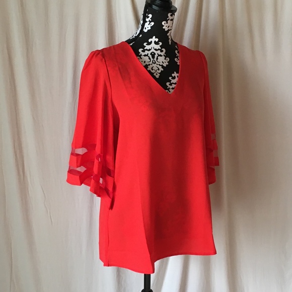 Red Bell Sleeve Tunic Swing Blouse Contrast Mesh Panels on Sleeves, NWOT, Small - Picture 9 of 15